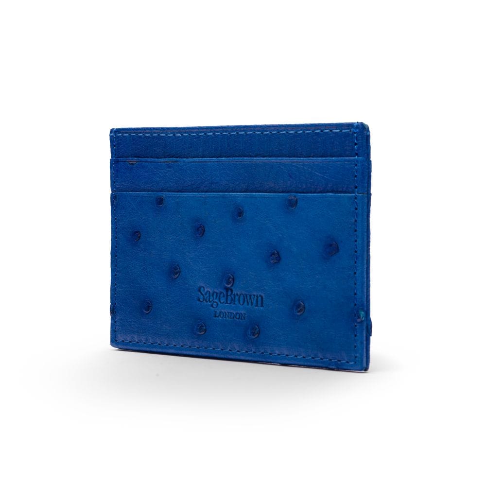 Flat ostrich leather credit card case, cobalt blue ostrich leather, back