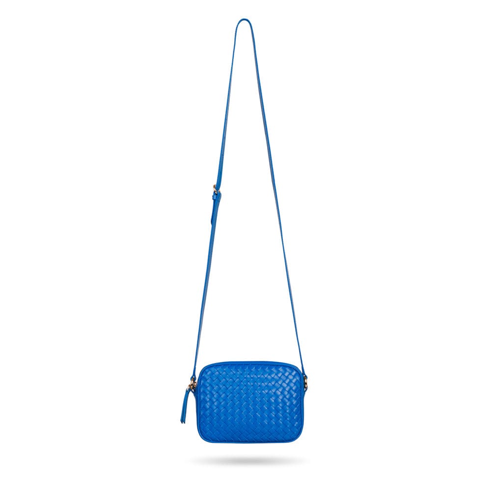 Ivy woven camera bag, cobalt, with shoulder strap