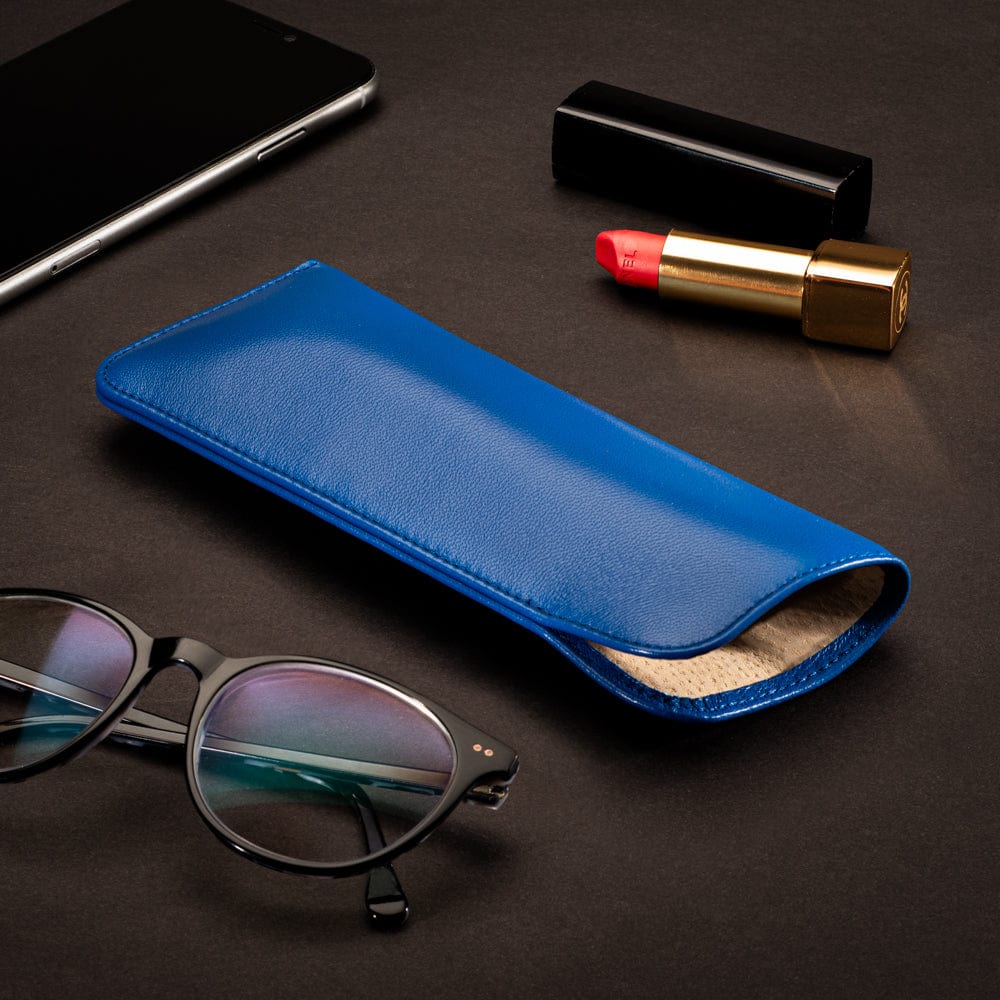 Large leather glasses case, soft cobalt, lifestyle