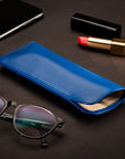 Large leather glasses case, soft cobalt, lifestyle