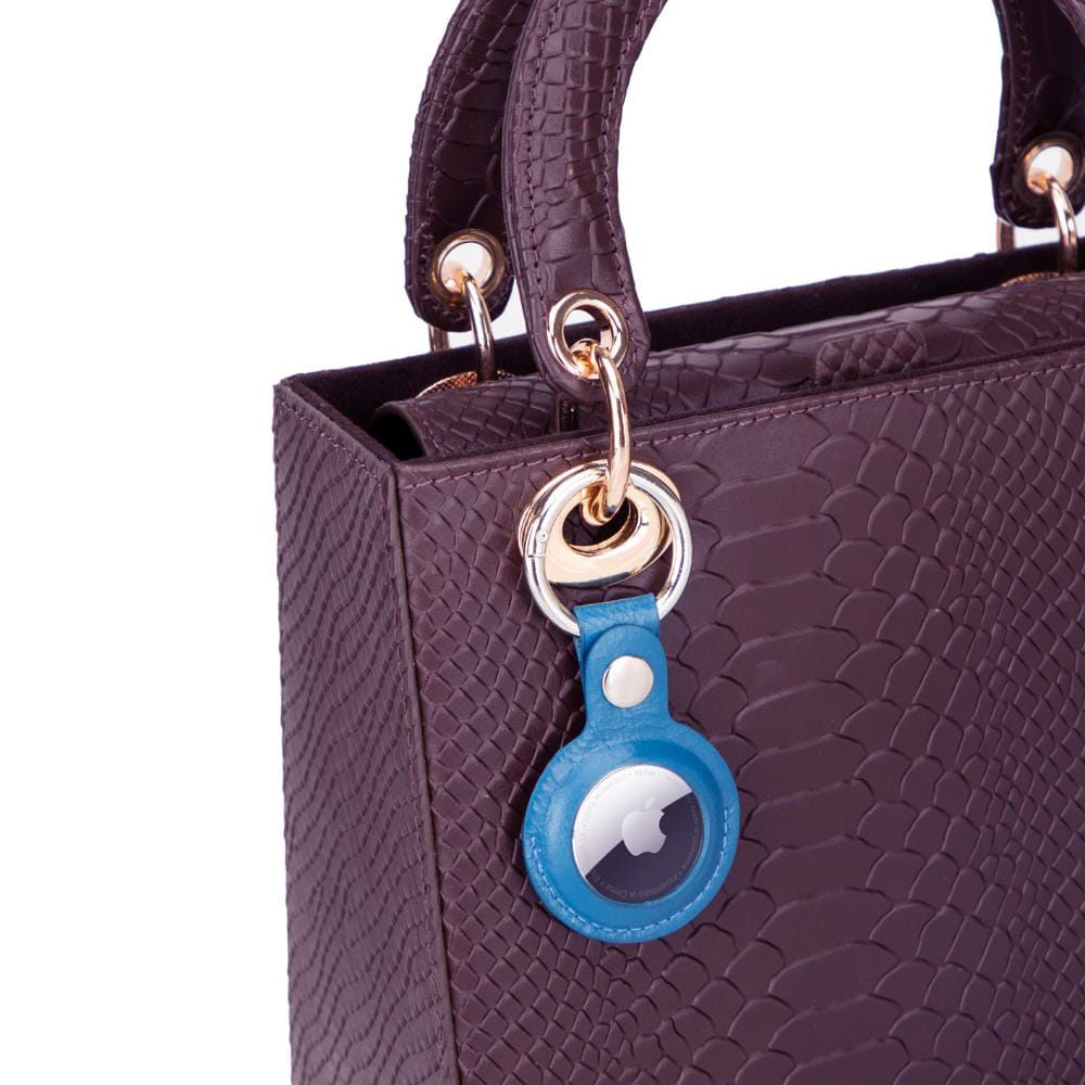 Leather air tag holder, blue, bag charm