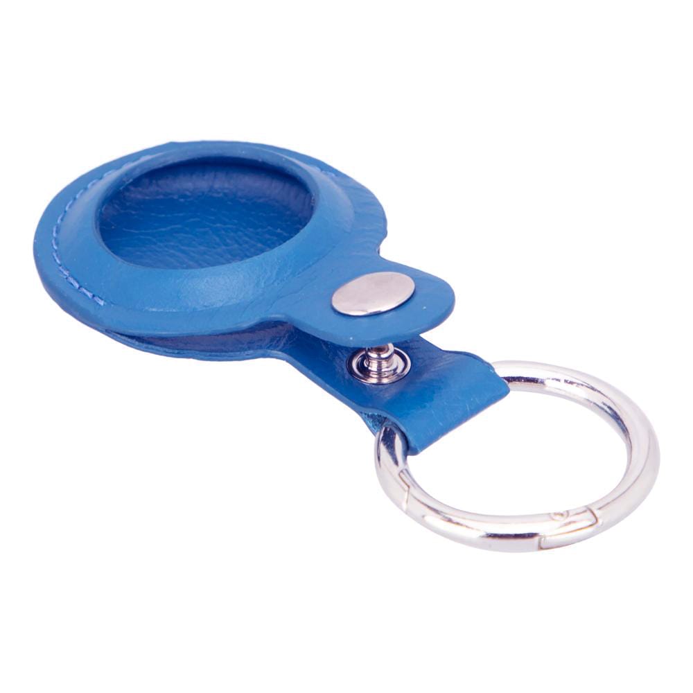 Leather air tag holder, blue, open