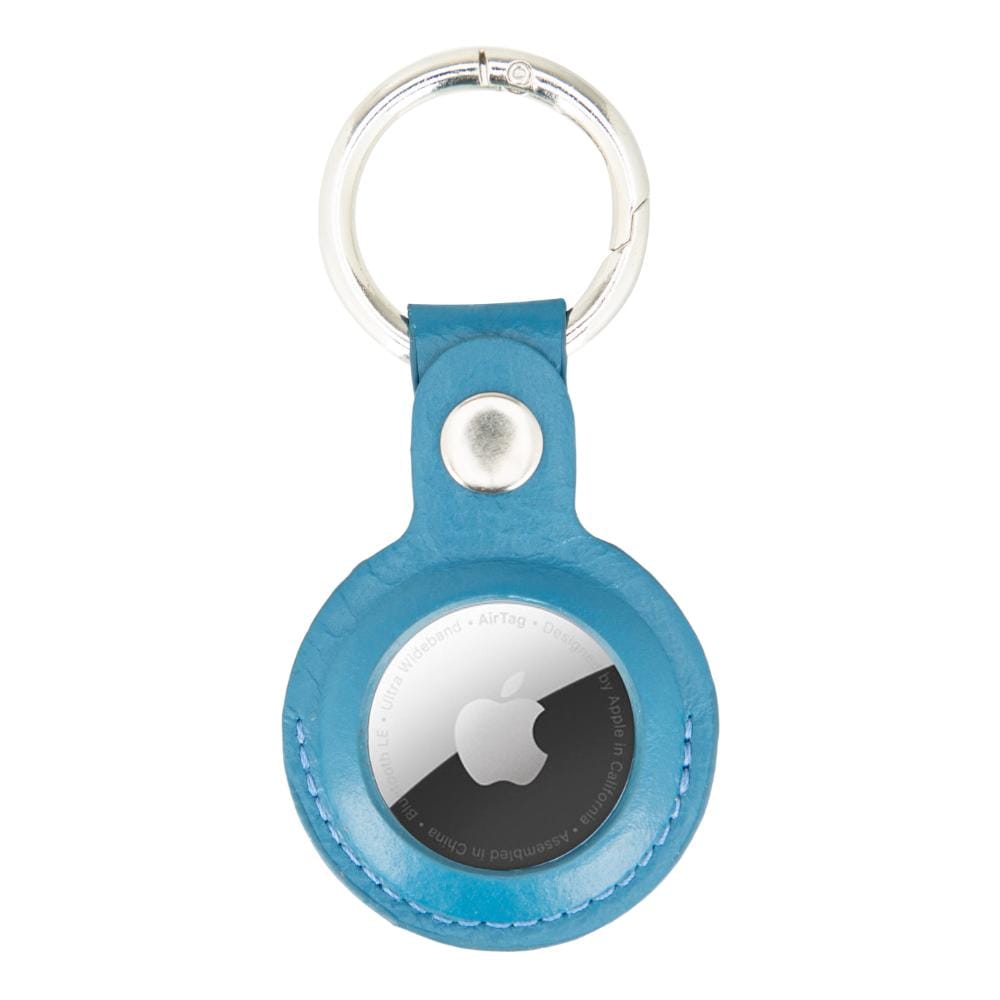 Leather air tag holder, blue, front