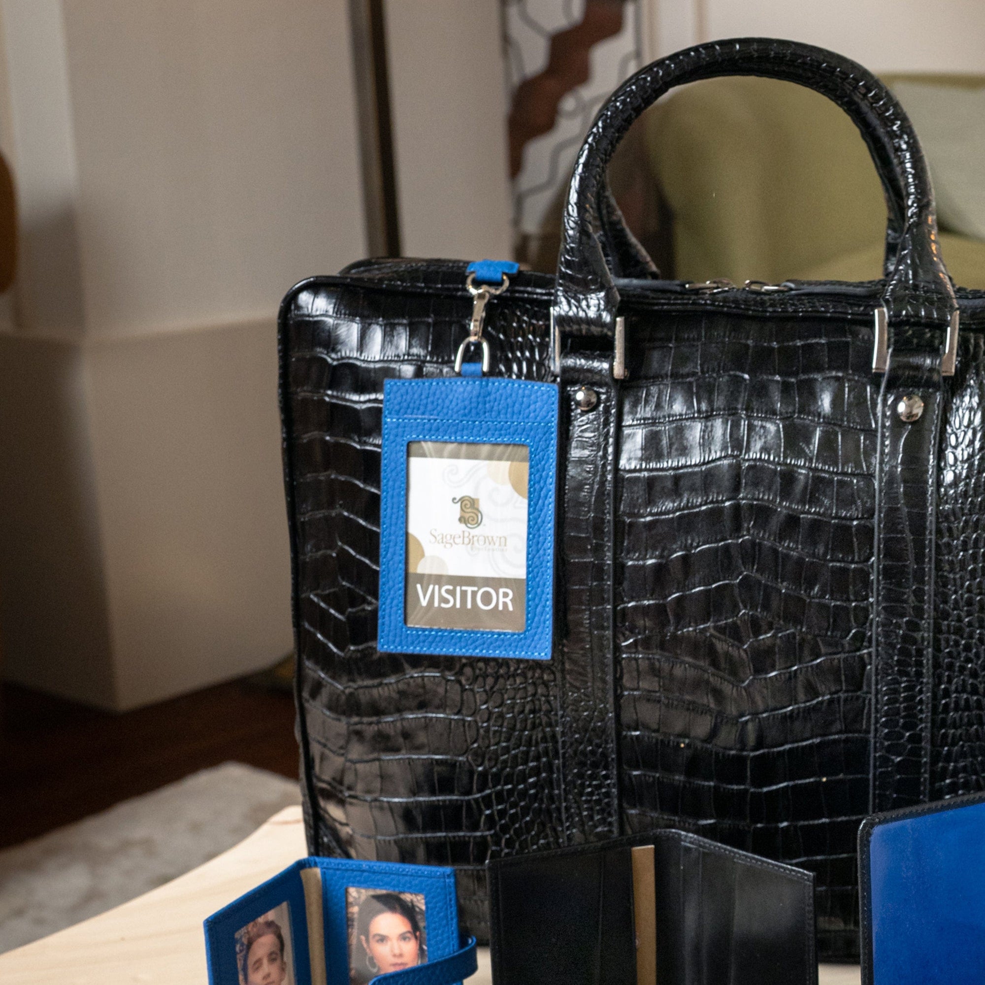 Leather lanyard ID card holder, cobalt, lifestyle view