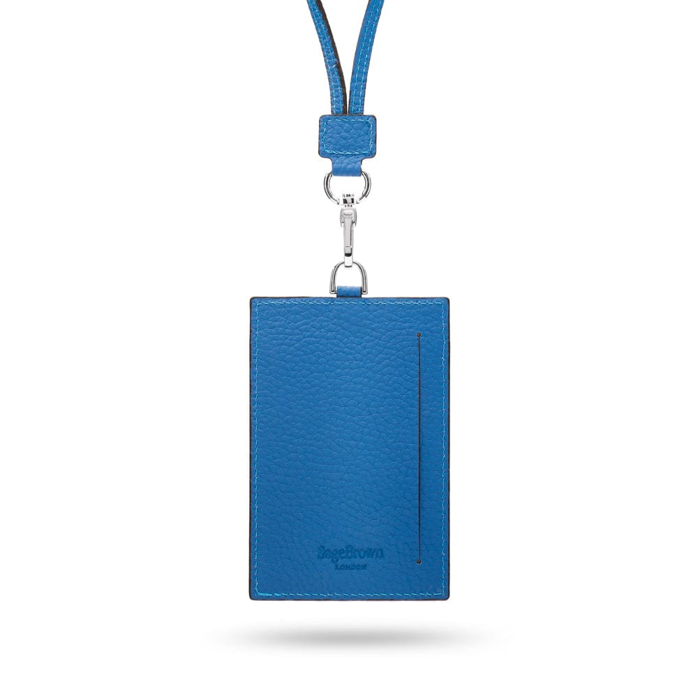 Leather lanyard ID card holder, cobalt, back