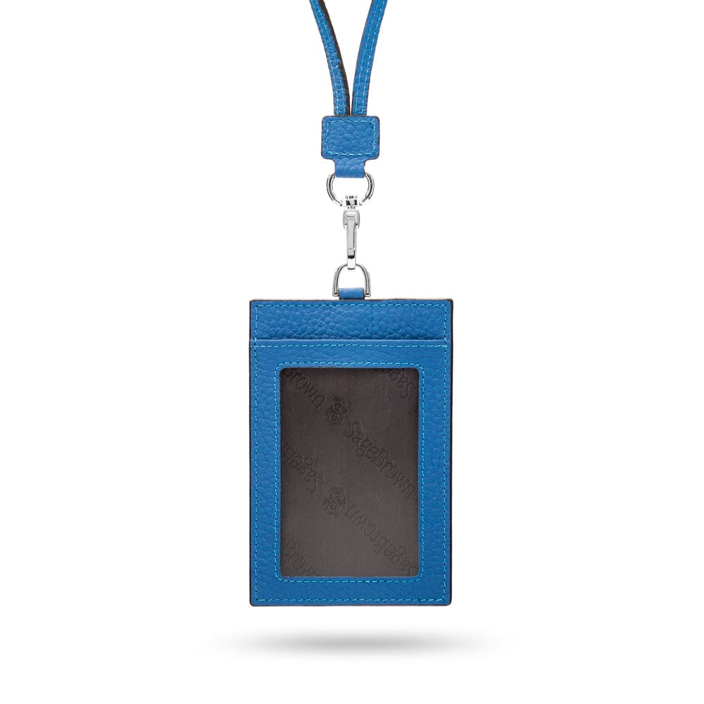 Leather lanyard ID card holder, cobalt, front