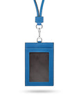 Leather lanyard ID card holder, cobalt, front