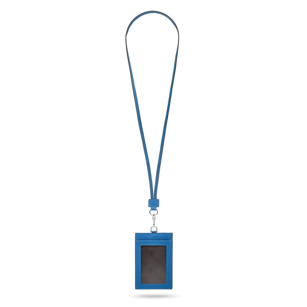 Leather lanyard ID card holder, cobalt, full length