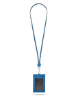 Leather lanyard ID card holder, cobalt, full length