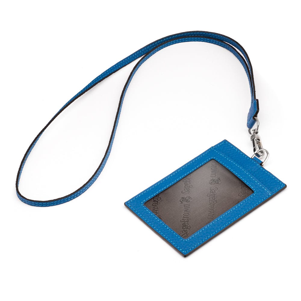 Leather lanyard ID card holder, cobalt, with strap