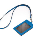 Leather lanyard ID card holder, cobalt, with strap