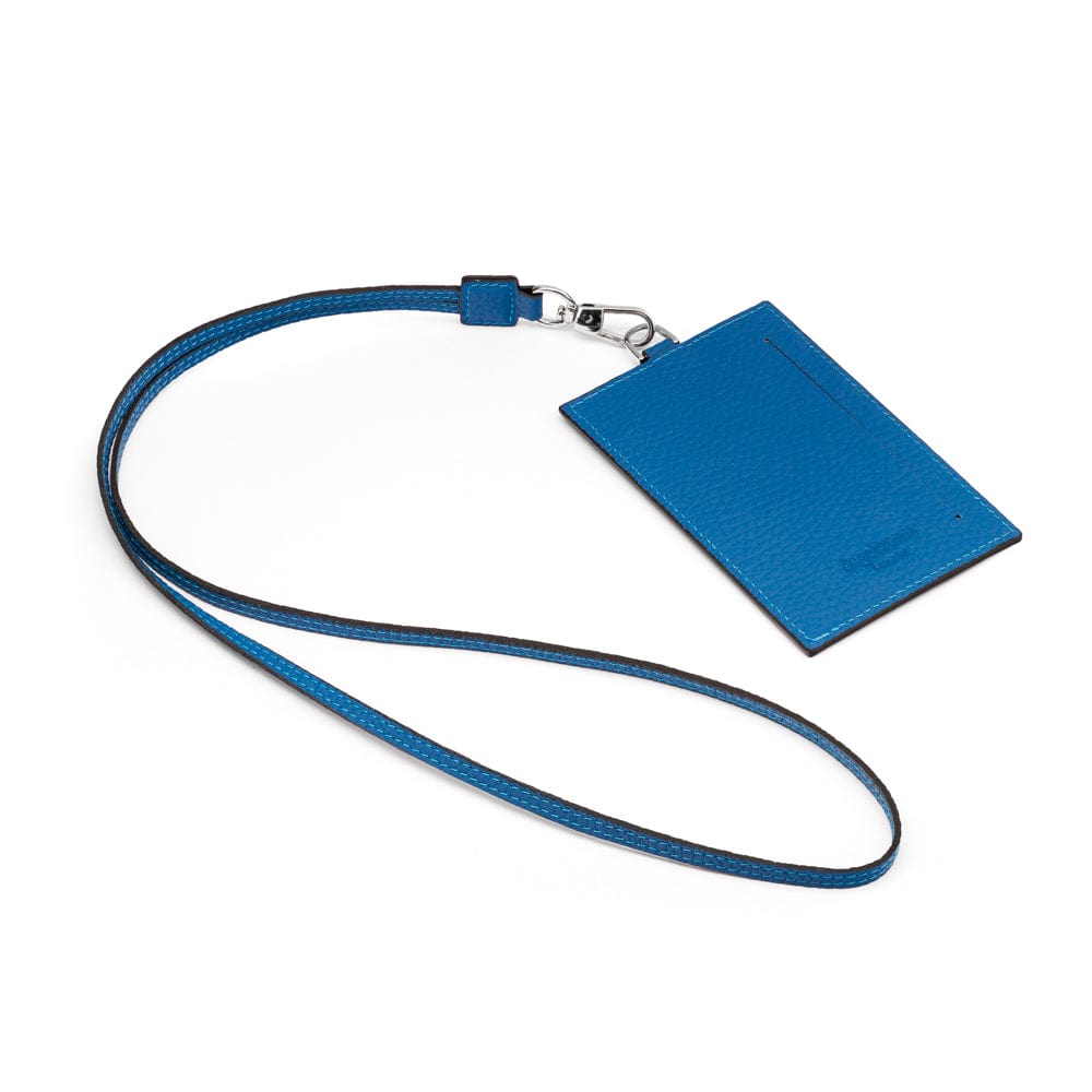 Leather lanyard ID card holder, cobalt, back