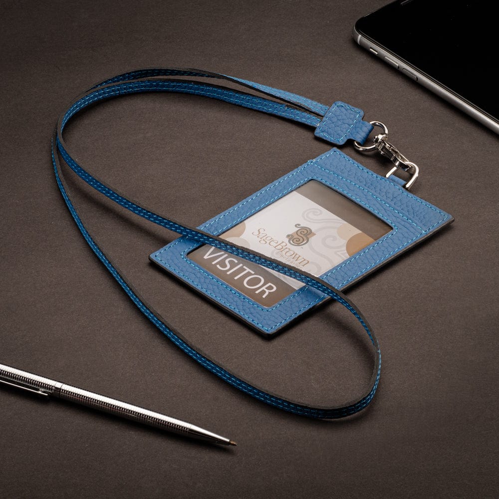 Leather lanyard ID card holder, cobalt, lifestyle