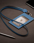 Leather lanyard ID card holder, cobalt, lifestyle