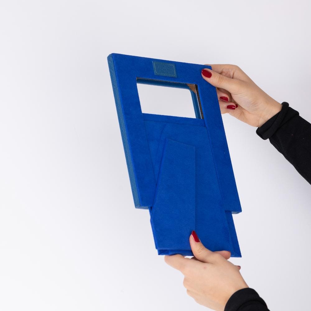 Luxury leather frame, cobalt, sliding back