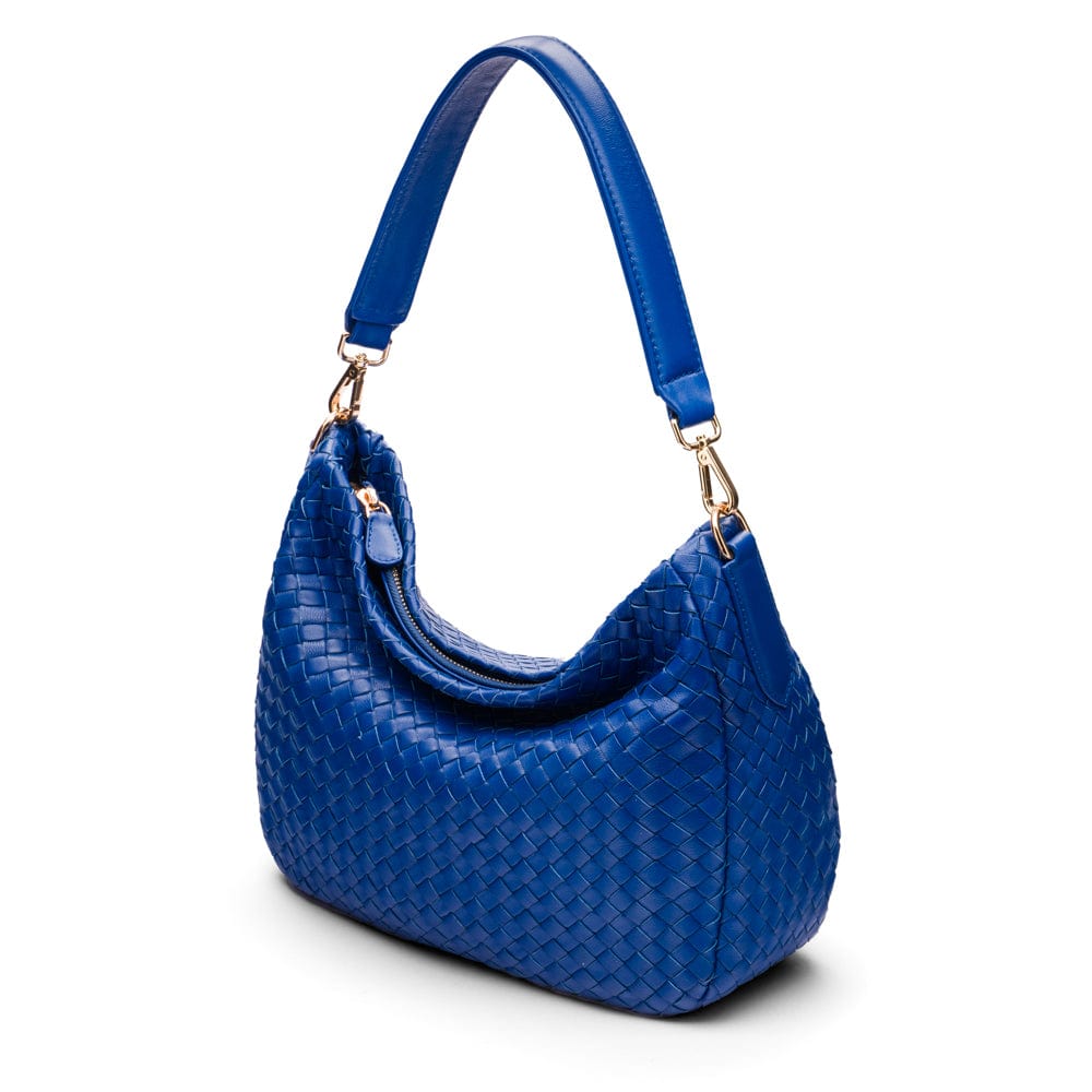 Melissa slouchy leather woven bag with zip closure, cobalt, side