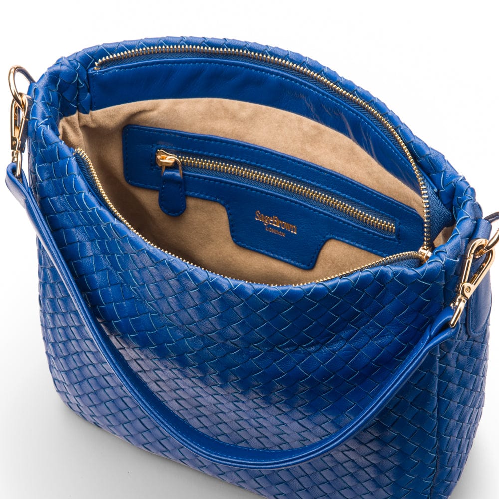 Melissa slouchy leather woven bag with zip closure, cobalt, inside