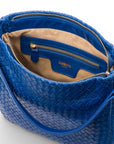 Melissa slouchy leather woven bag with zip closure, cobalt, inside