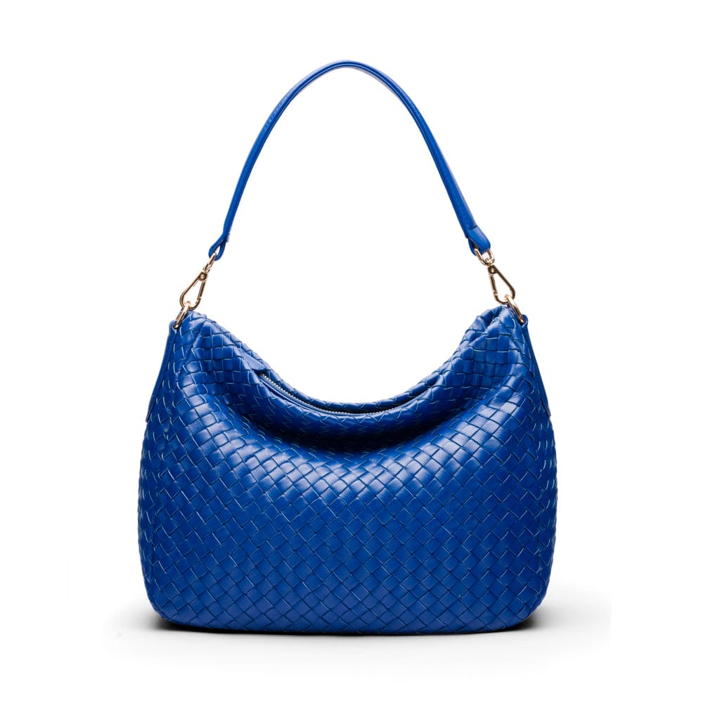 Melissa slouchy leather woven bag with zip closure, cobalt, front
