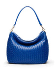 Melissa slouchy leather woven bag with zip closure, cobalt, front