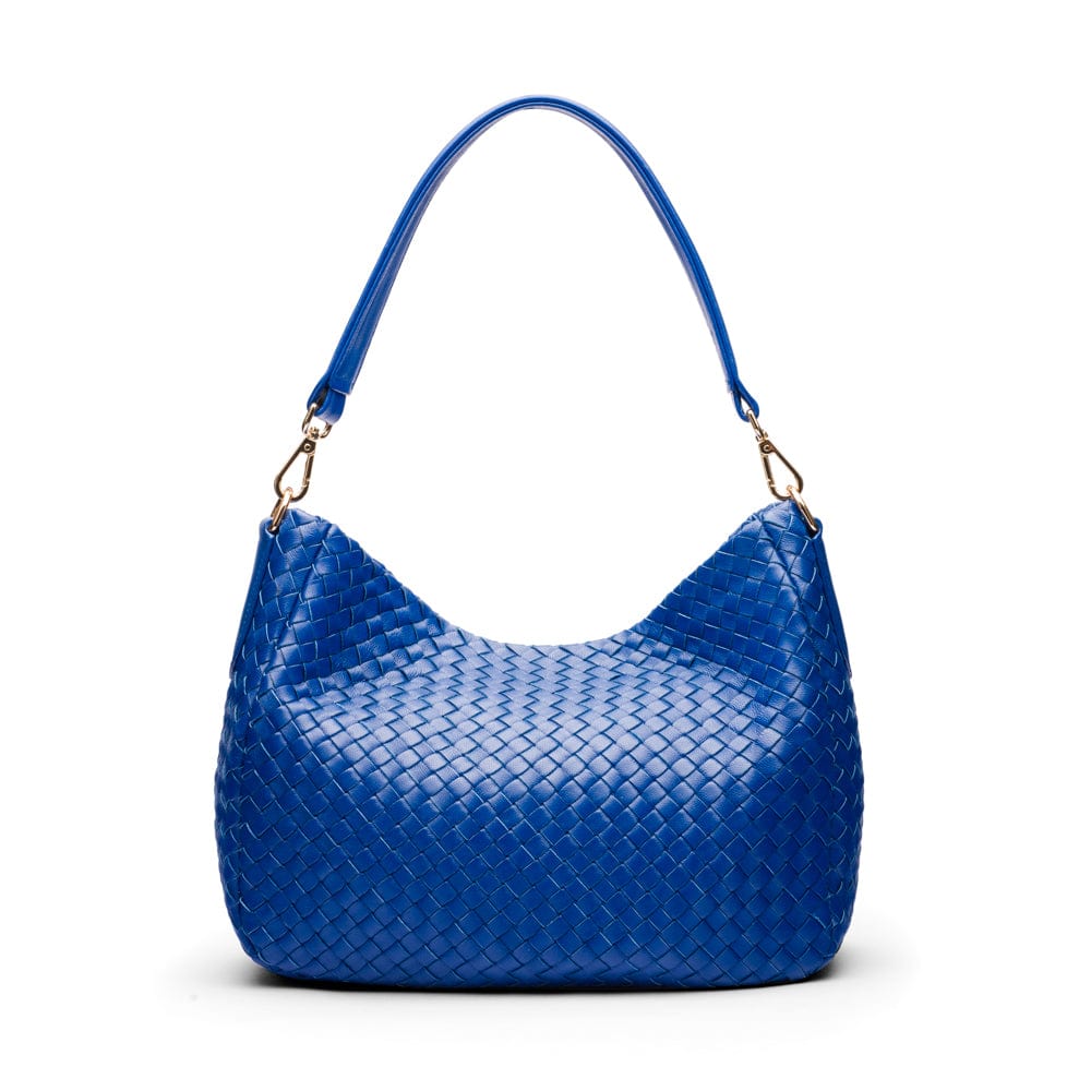 Melissa slouchy leather woven bag with zip closure, cobalt, back