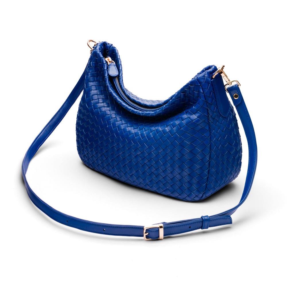 Melissa slouchy leather woven bag with zip closure, cobalt, with lomg shoulder strap
