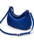 Melissa slouchy leather woven bag with zip closure, cobalt, with lomg shoulder strap