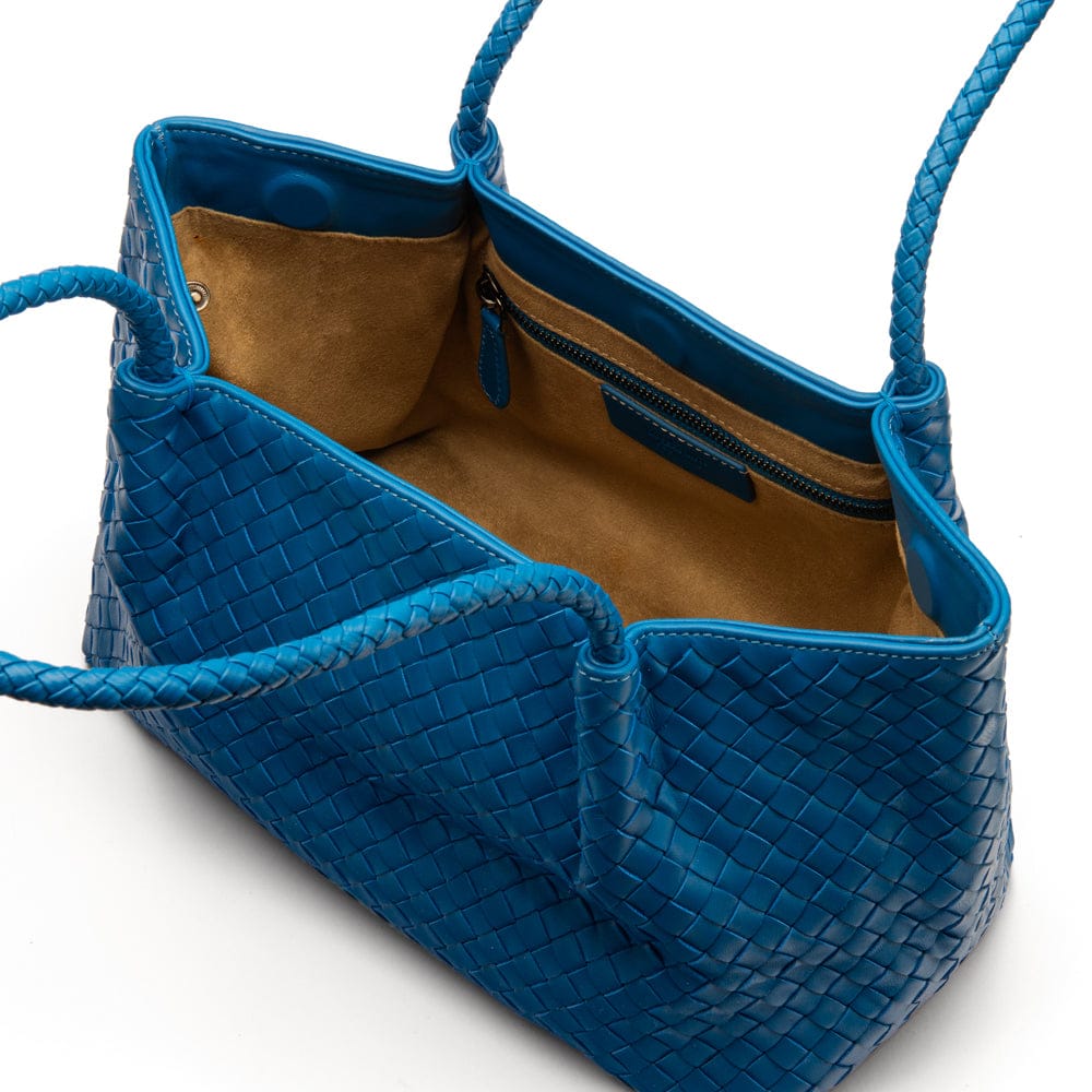 Midi woven leather bag, cobalt, open view