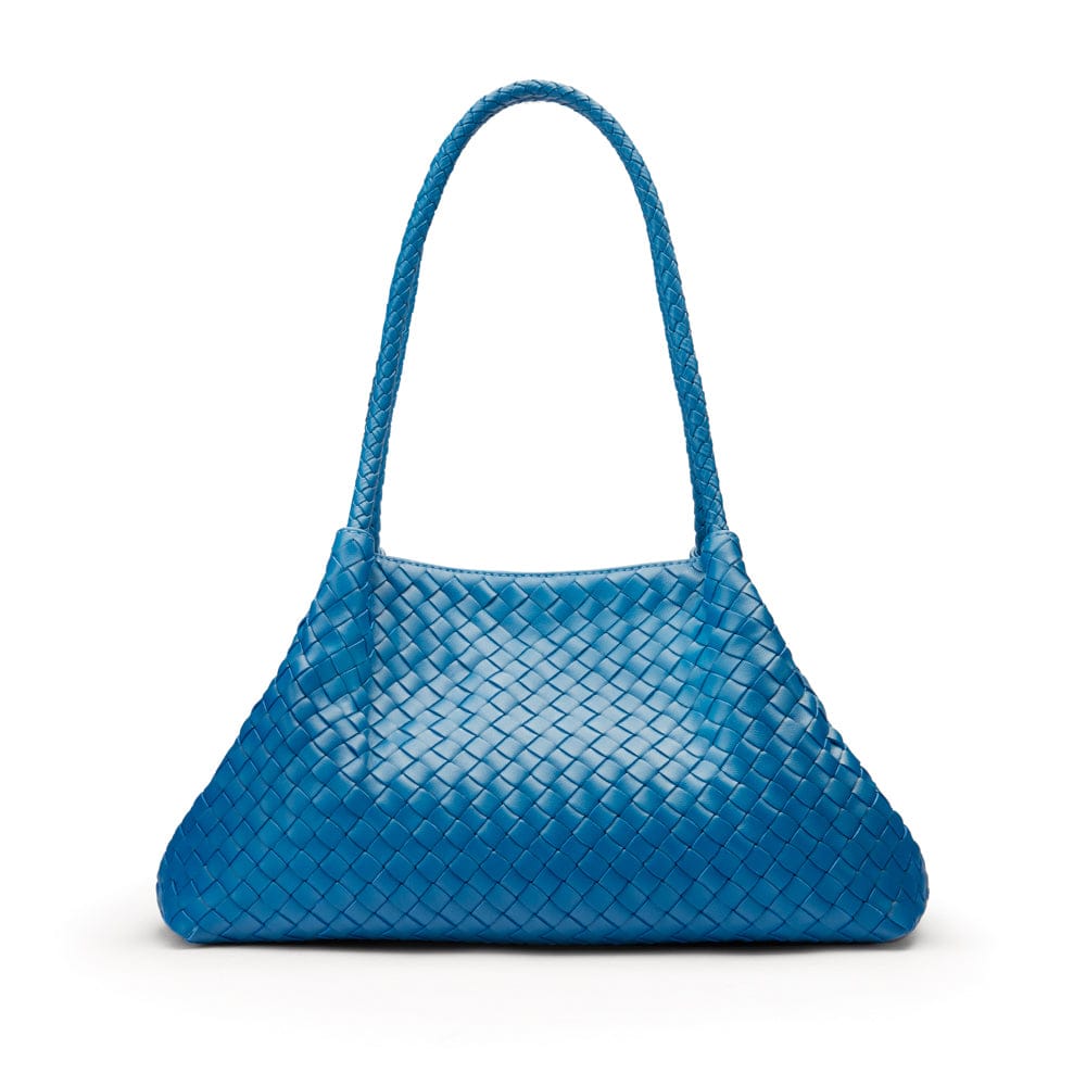 Midi woven leather bag, cobalt, trapeze shape
