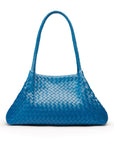 Midi woven leather bag, cobalt, trapeze shape