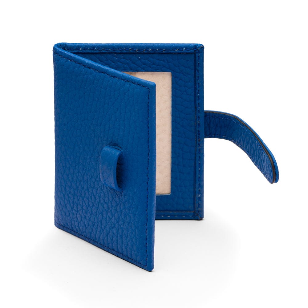 Mini leather passport photo frame, cobalt, 60 x 40mm, open