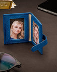 Mini leather passport photo frame, cobalt, 60 x 40mm, lifestyle