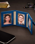 Mini leather trifold photo frame, cobalt, 60 x 40mm, lifestyle