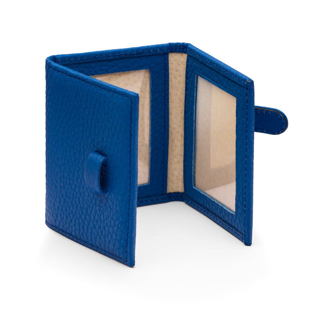 Mini leather trifold photo frame, cobalt, 60 x 40mm, open
