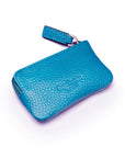 Miniature leather coin purse with key chain, cobalt, back