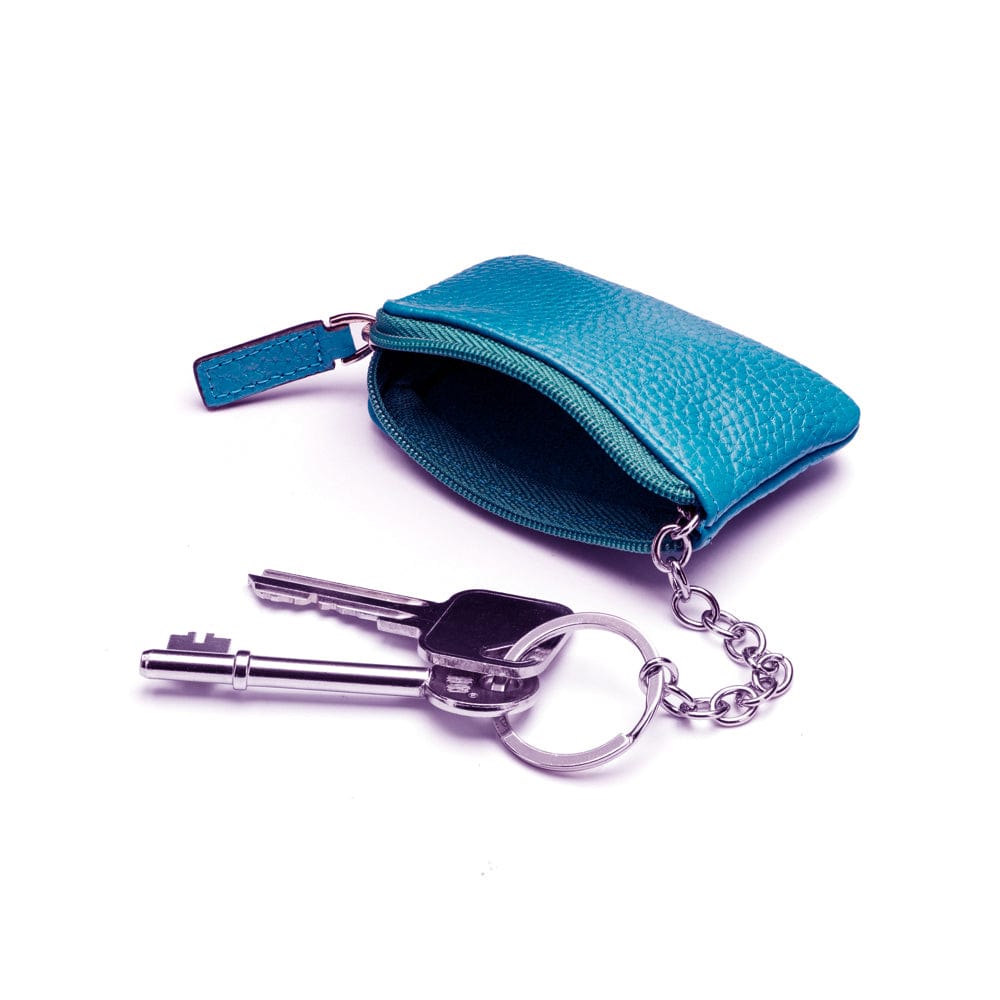 Miniature leather coin purse with key chain, cobalt, inside