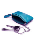 Miniature leather coin purse with key chain, cobalt, inside