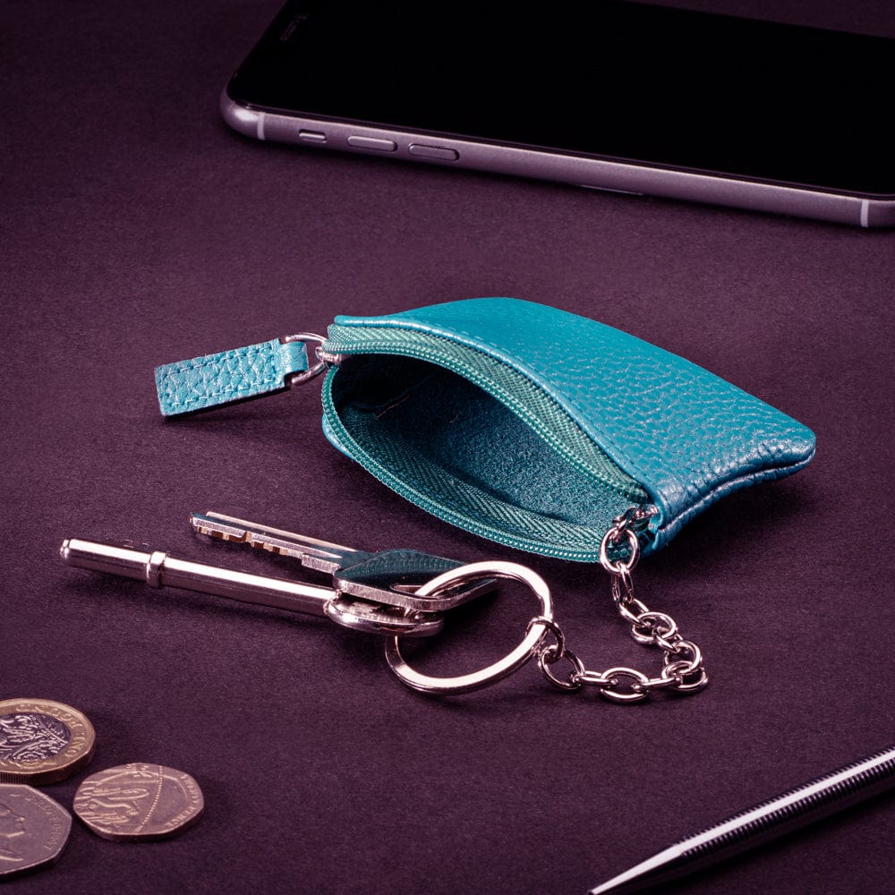 Miniature leather coin purse with key chain, cobalt, lifestyle