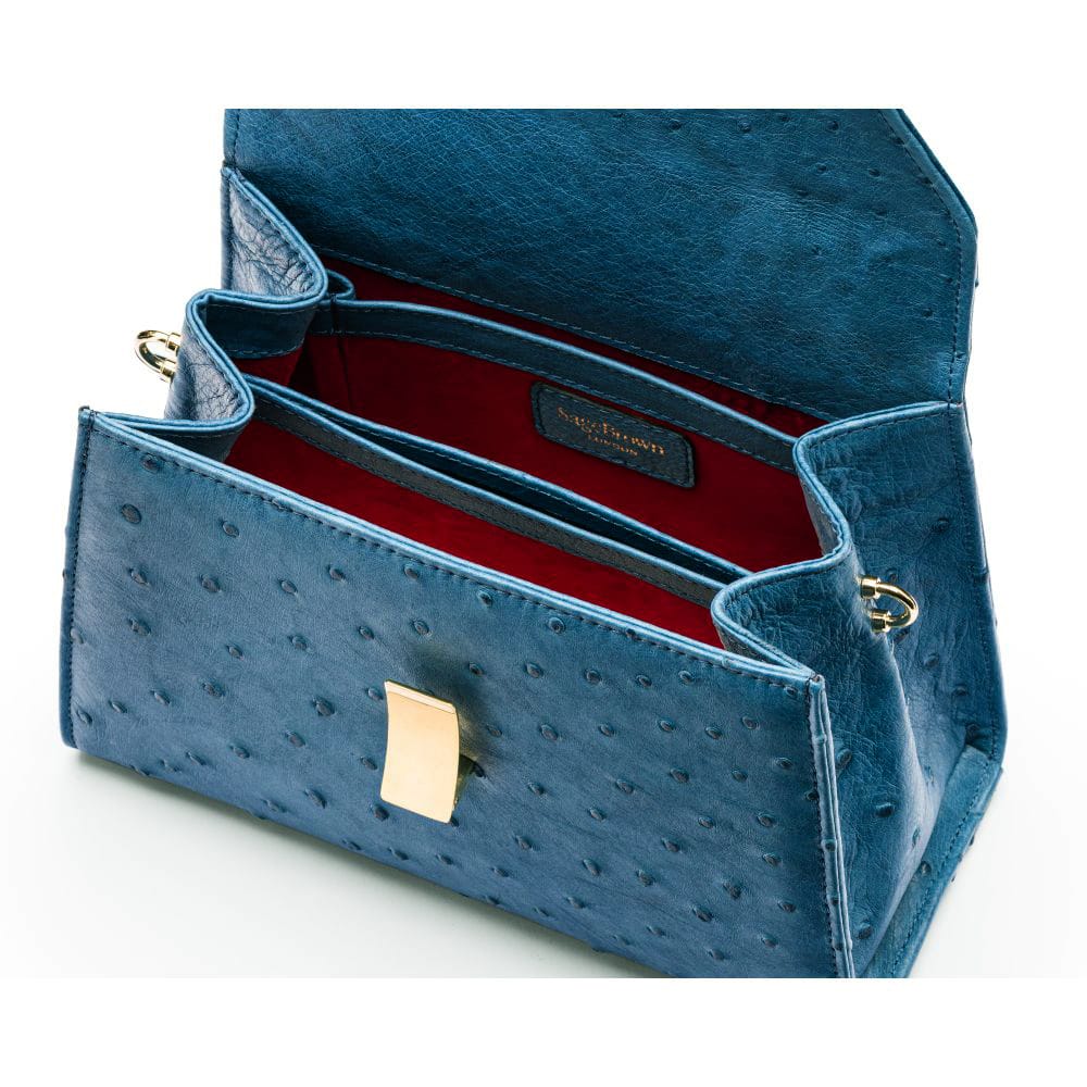 Ostrich Leather Sabrina Bag, Cobalt, inside