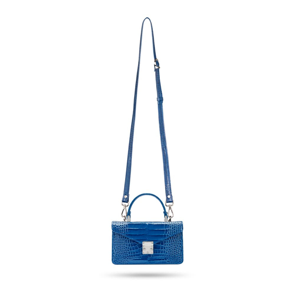 Luxury Leather Maya Top Handle Crossbody Bag, Cobalt Patent Croc, with long shoulder strap