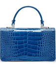 Luxury Leather Maya Top Handle Crossbody Bag, Cobalt Patent Croc, back