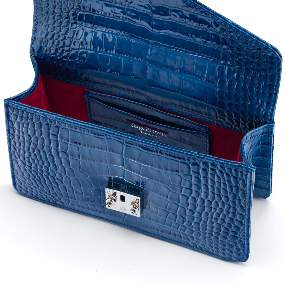 Luxury Leather Maya Top Handle Crossbody Bag, Cobalt Patent Croc, inside
