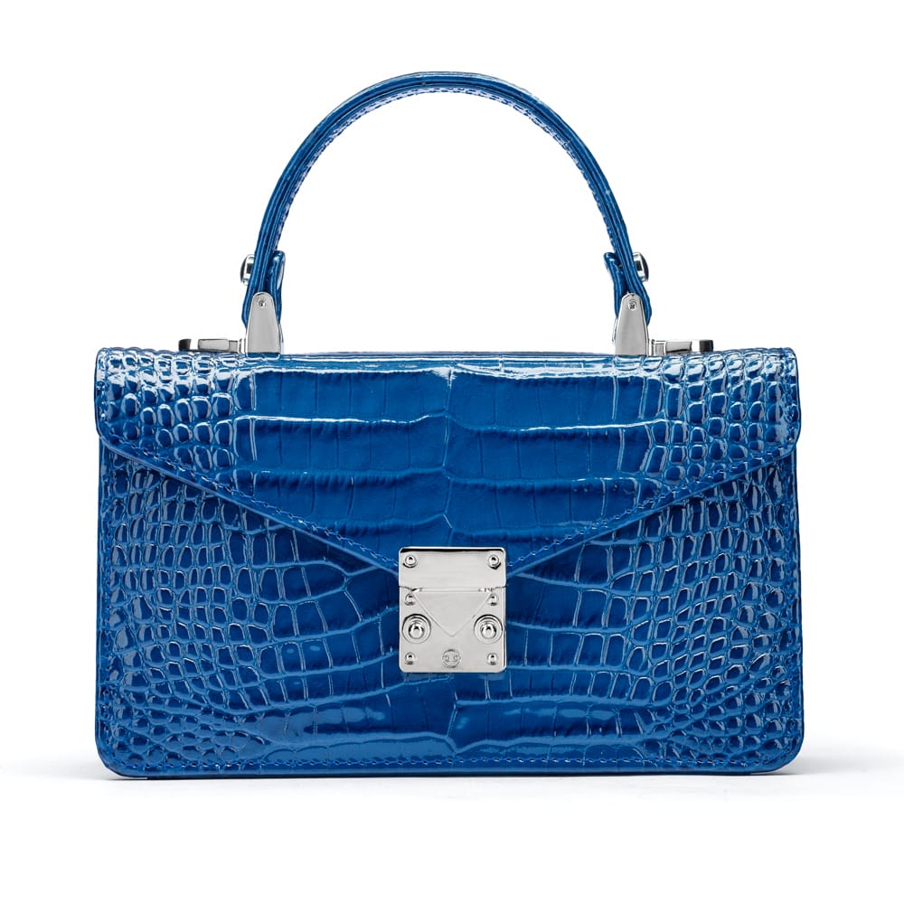 Luxury Leather Maya Top Handle Crossbody Bag, Cobalt Patent Croc, front