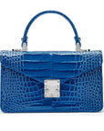 Luxury Leather Maya Top Handle Crossbody Bag, Cobalt Patent Croc, front