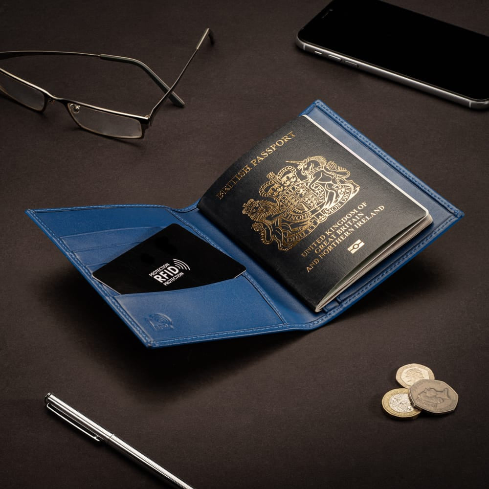 RFID Leather Passport Holder,  Cobalt, lifestyle