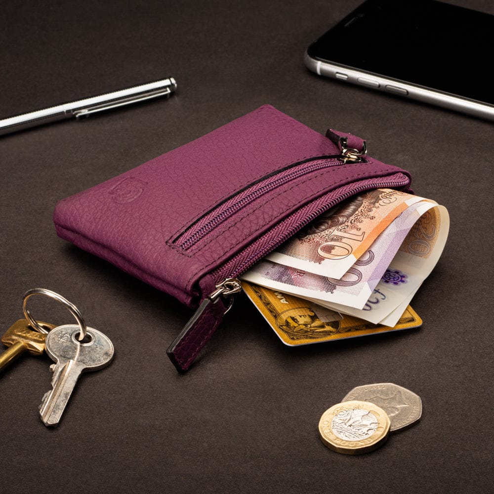 RFID Small leather zip coin pouch, purple pebble grain, lifestyle