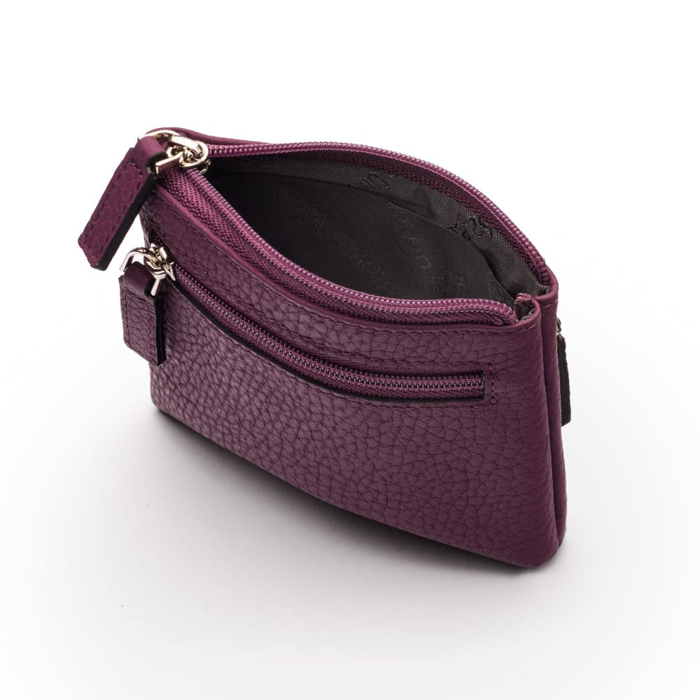 RFID Small leather zip coin pouch, purple pebble grain, inside