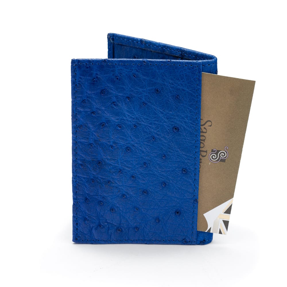 Slim Real Ostrich Leather Bifold Card Wallet with RFID, Cobalt, back