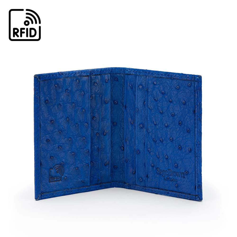 Slim Real Ostrich Leather Bifold Card Wallet with RFID, Cobalt, inside