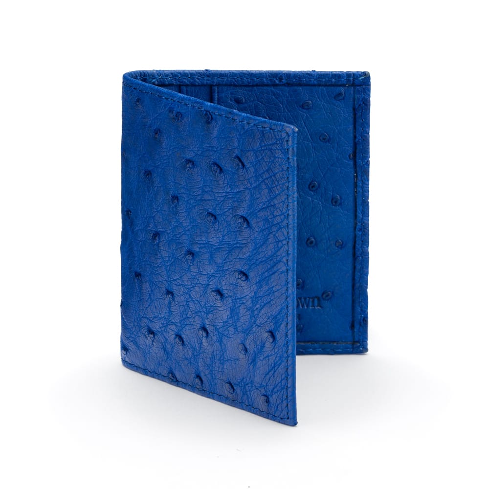 Slim Real Ostrich Leather Bifold Card Wallet with RFID, Cobalt, front